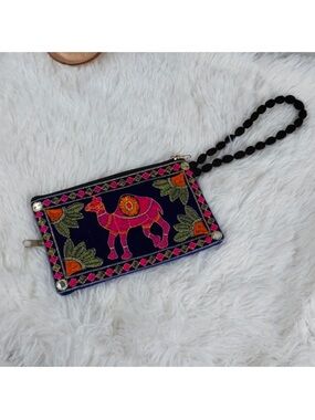 Vintage Embroidered Camel Wristlet Clutch in Navy and Pink